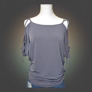 Express XS Cold Shoulder Top Slate Gray Draped Ring Tie Sleeve Elevated Chic